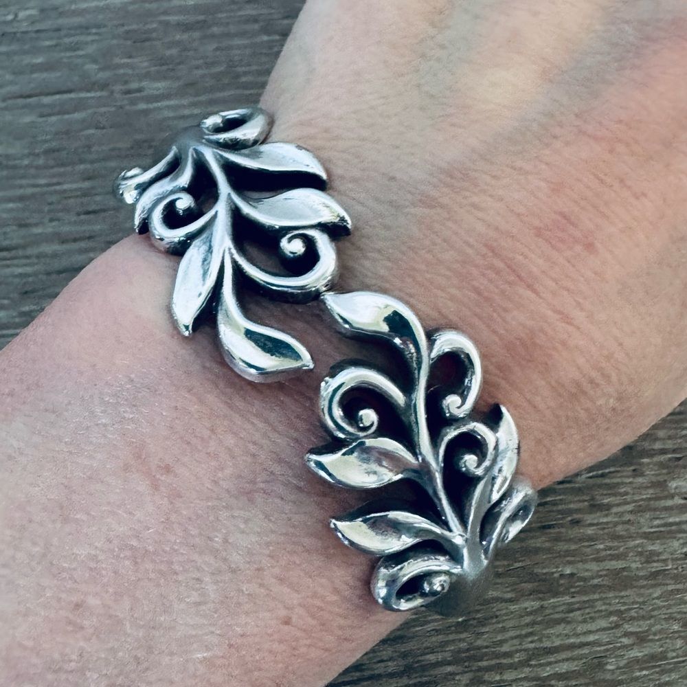 Brighton Silver Scrolled Leaves Hinged Cuff Bracelet
